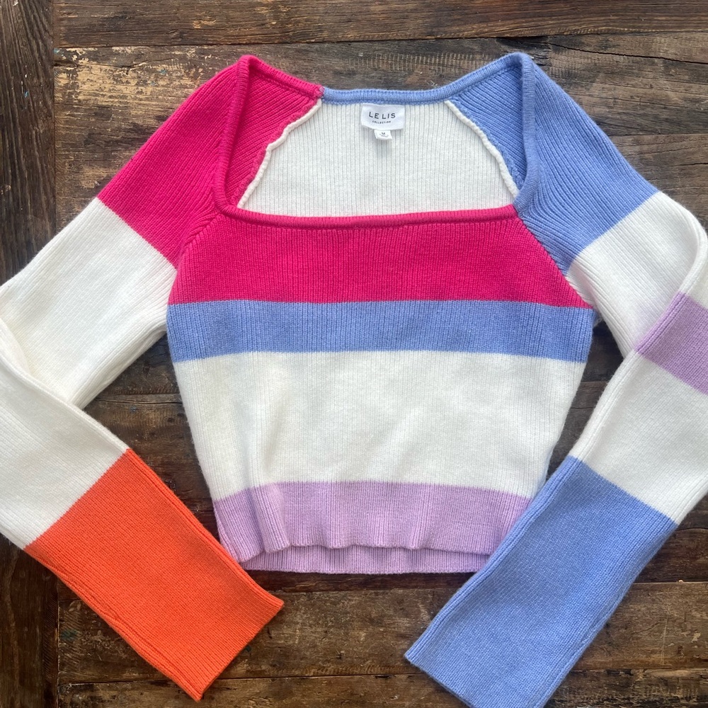 NWOT Le Lis Colorblock Square Neck Sweater - Pink, Blue, White, Lilac, Orange